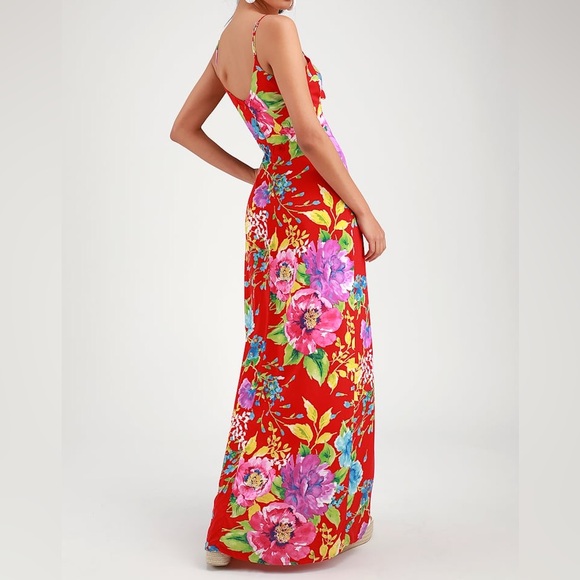 Lulus Santiago Red Floral Sleeveless Cami Tie Front Tank Maxi Dress XS - Picture 3 of 5